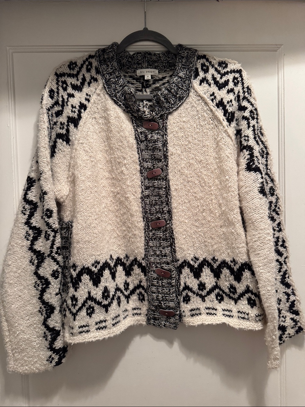 Blu Pepper Cream and Black Nordic Button-Front Cardigan